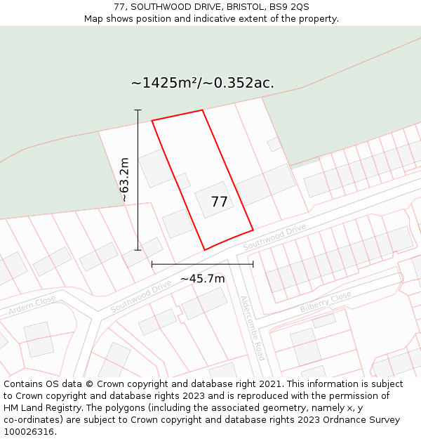 77, SOUTHWOOD DRIVE, BRISTOL, BS9 2QS: Plot and title map
