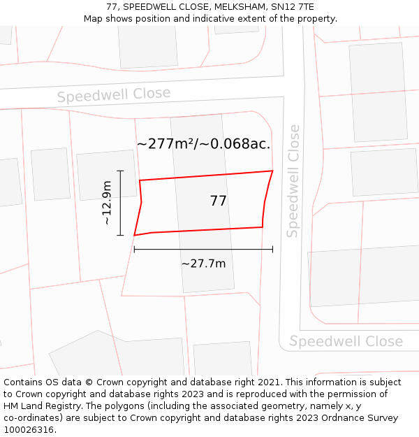 77, SPEEDWELL CLOSE, MELKSHAM, SN12 7TE: Plot and title map