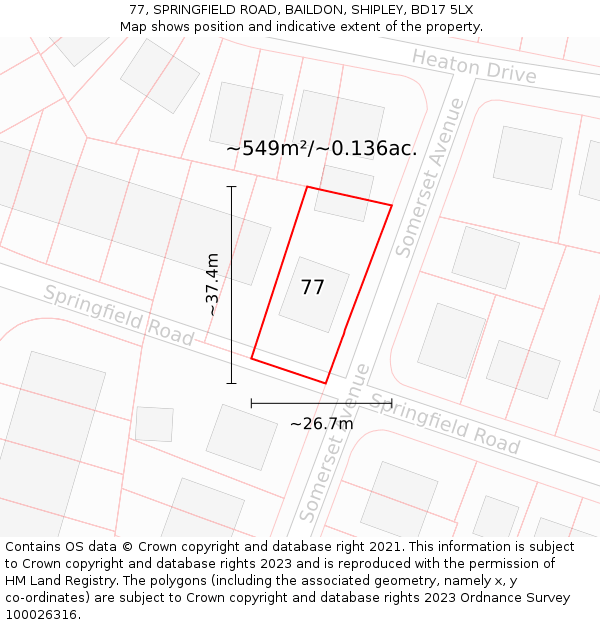 77, SPRINGFIELD ROAD, BAILDON, SHIPLEY, BD17 5LX: Plot and title map