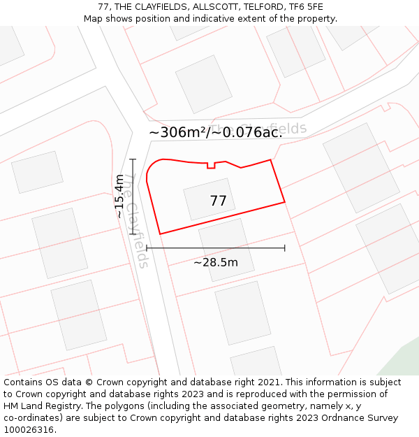 77, THE CLAYFIELDS, ALLSCOTT, TELFORD, TF6 5FE: Plot and title map