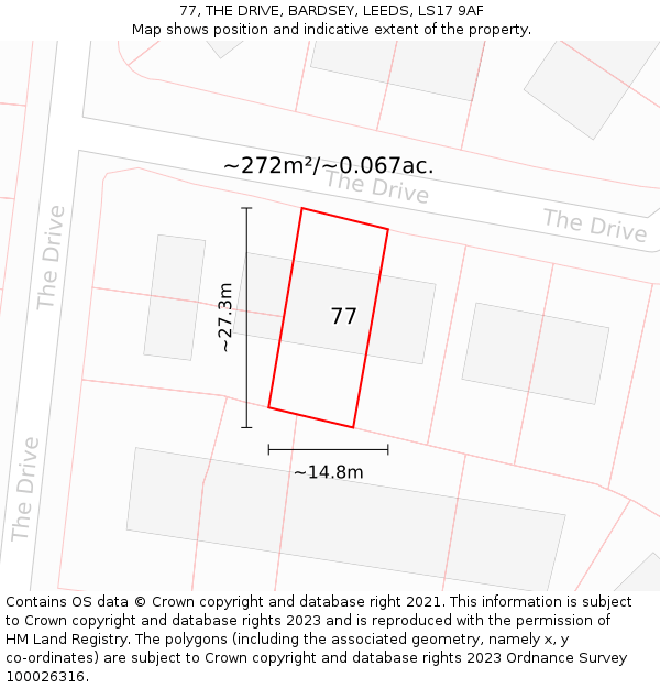 77, THE DRIVE, BARDSEY, LEEDS, LS17 9AF: Plot and title map