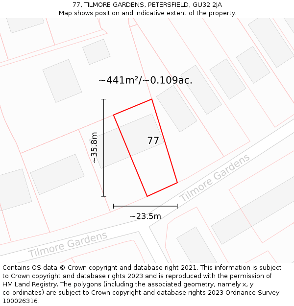 77, TILMORE GARDENS, PETERSFIELD, GU32 2JA: Plot and title map