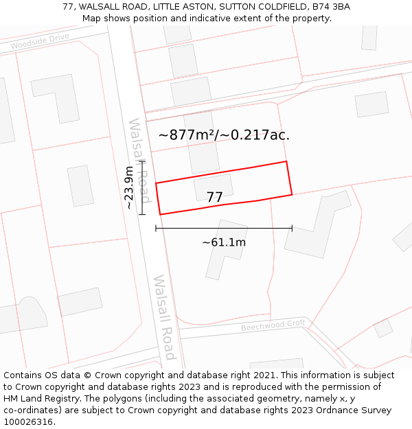 77, WALSALL ROAD, LITTLE ASTON, SUTTON COLDFIELD, B74 3BA: Plot and title map