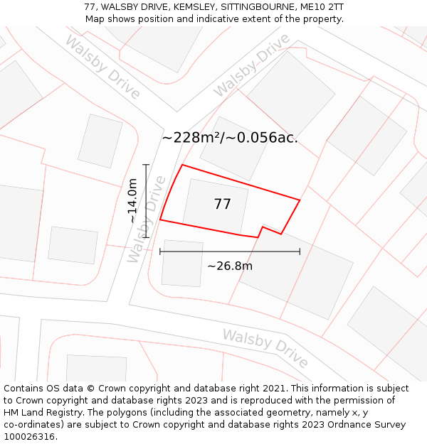 77, WALSBY DRIVE, KEMSLEY, SITTINGBOURNE, ME10 2TT: Plot and title map