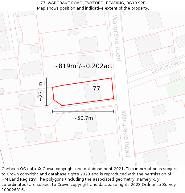 77, WARGRAVE ROAD, TWYFORD, READING, RG10 9PE: Plot and title map