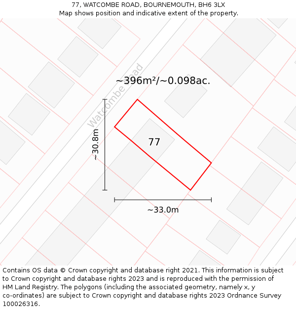 77, WATCOMBE ROAD, BOURNEMOUTH, BH6 3LX: Plot and title map