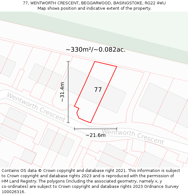 77, WENTWORTH CRESCENT, BEGGARWOOD, BASINGSTOKE, RG22 4WU: Plot and title map