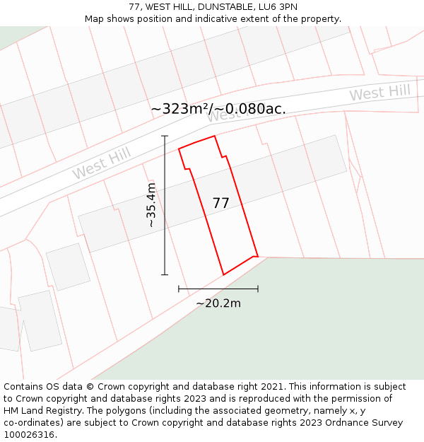 77, WEST HILL, DUNSTABLE, LU6 3PN: Plot and title map