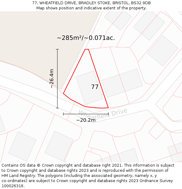 77, WHEATFIELD DRIVE, BRADLEY STOKE, BRISTOL, BS32 9DB: Plot and title map