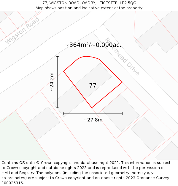 77, WIGSTON ROAD, OADBY, LEICESTER, LE2 5QG: Plot and title map