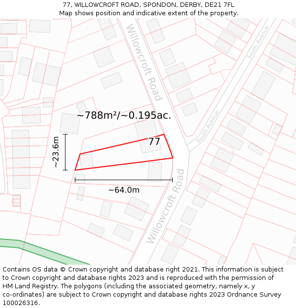 77, WILLOWCROFT ROAD, SPONDON, DERBY, DE21 7FL: Plot and title map