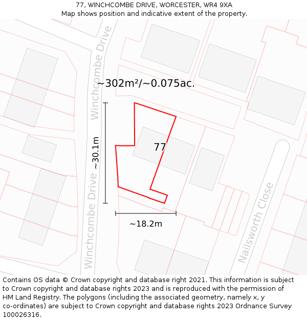 77, WINCHCOMBE DRIVE, WORCESTER, WR4 9XA: Plot and title map