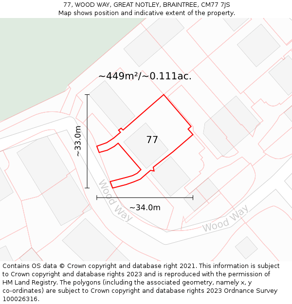 77, WOOD WAY, GREAT NOTLEY, BRAINTREE, CM77 7JS: Plot and title map