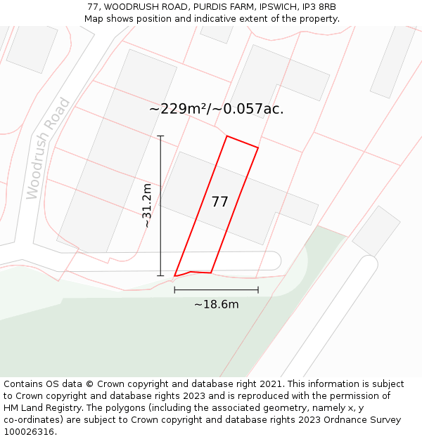 77, WOODRUSH ROAD, PURDIS FARM, IPSWICH, IP3 8RB: Plot and title map