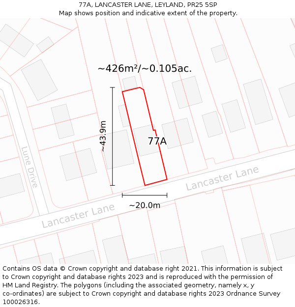 77A, LANCASTER LANE, LEYLAND, PR25 5SP: Plot and title map