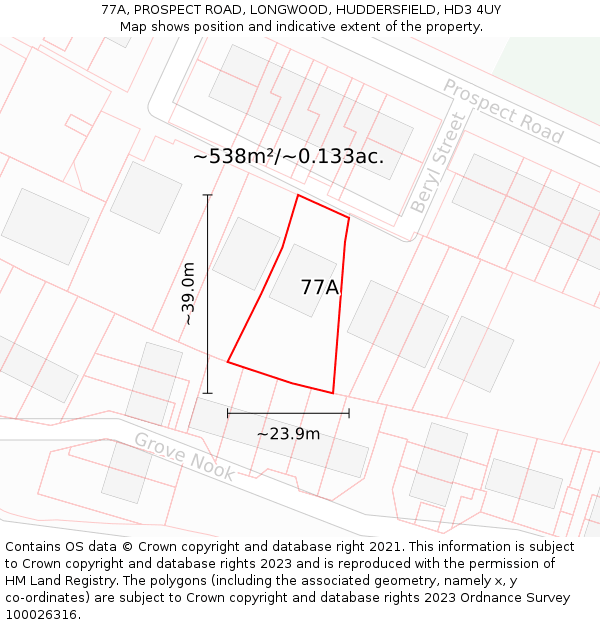 77A, PROSPECT ROAD, LONGWOOD, HUDDERSFIELD, HD3 4UY: Plot and title map