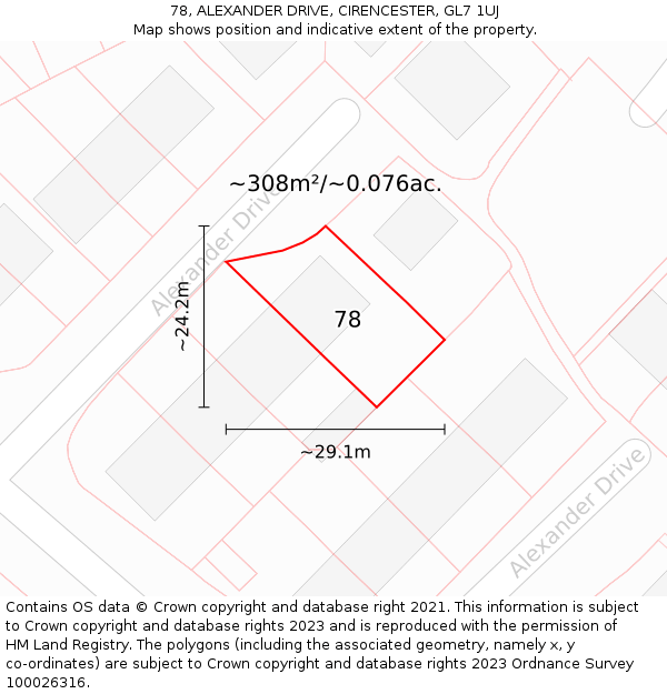 78, ALEXANDER DRIVE, CIRENCESTER, GL7 1UJ: Plot and title map