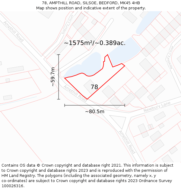 78, AMPTHILL ROAD, SILSOE, BEDFORD, MK45 4HB: Plot and title map