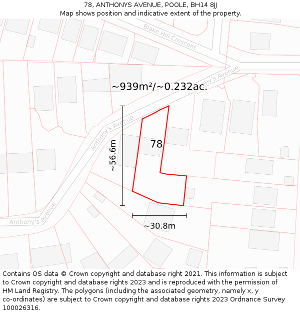 78, ANTHONYS AVENUE, POOLE, BH14 8JJ: Plot and title map