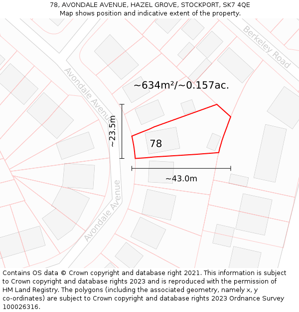 78, AVONDALE AVENUE, HAZEL GROVE, STOCKPORT, SK7 4QE: Plot and title map