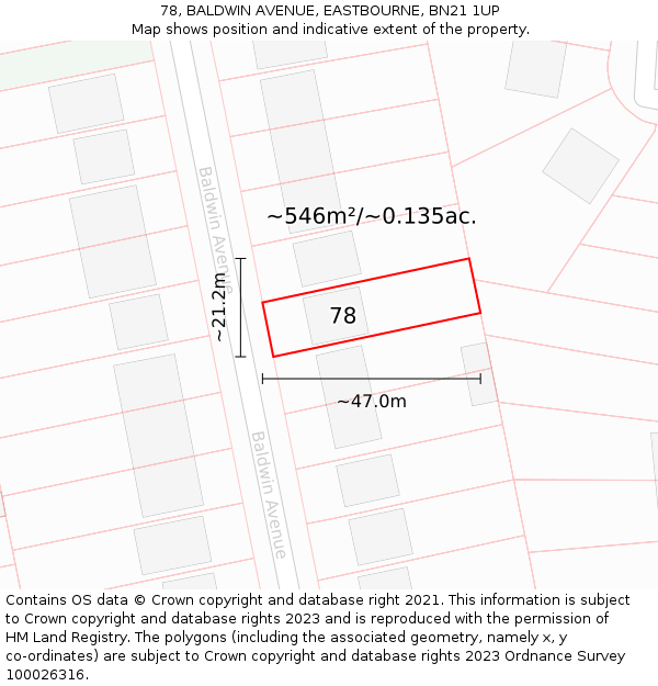 78, BALDWIN AVENUE, EASTBOURNE, BN21 1UP: Plot and title map
