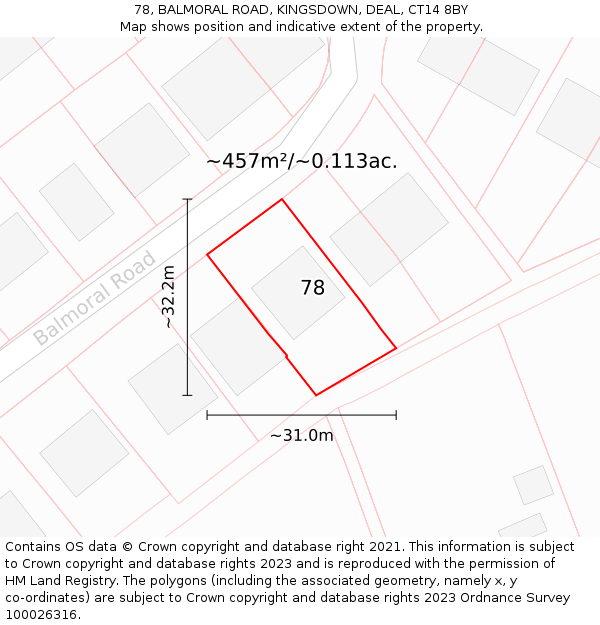 78, BALMORAL ROAD, KINGSDOWN, DEAL, CT14 8BY: Plot and title map
