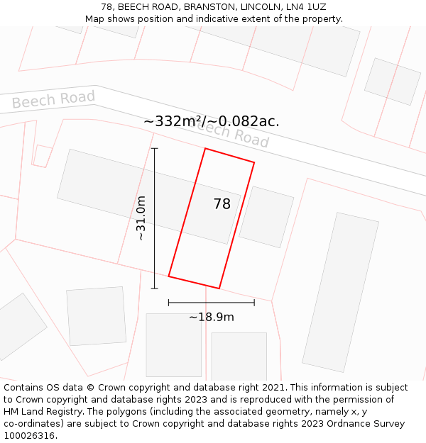 78, BEECH ROAD, BRANSTON, LINCOLN, LN4 1UZ: Plot and title map