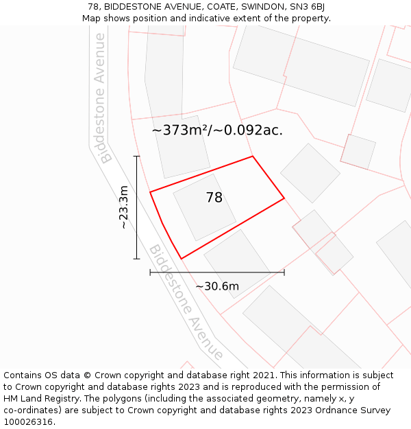 78, BIDDESTONE AVENUE, COATE, SWINDON, SN3 6BJ: Plot and title map