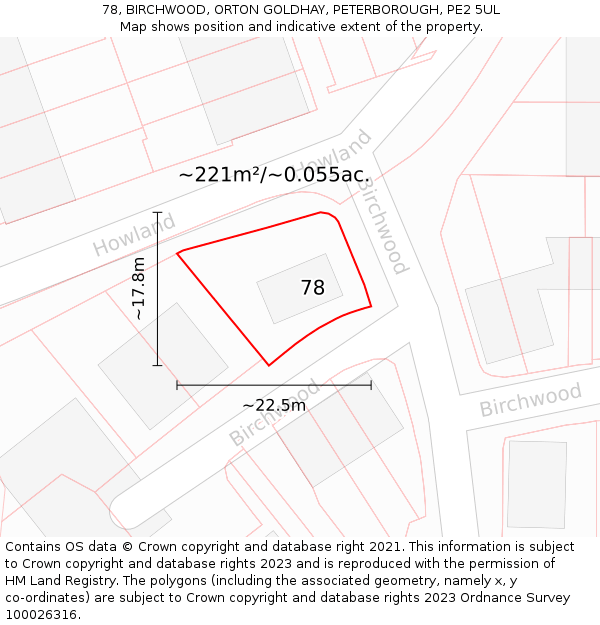 78, BIRCHWOOD, ORTON GOLDHAY, PETERBOROUGH, PE2 5UL: Plot and title map