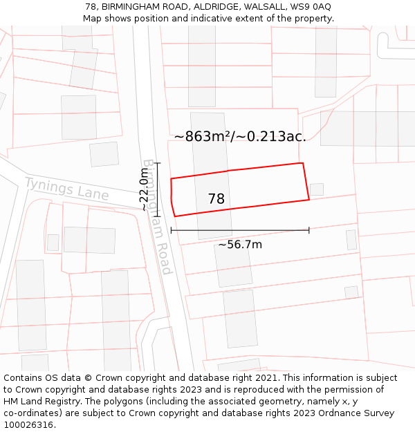 78, BIRMINGHAM ROAD, ALDRIDGE, WALSALL, WS9 0AQ: Plot and title map