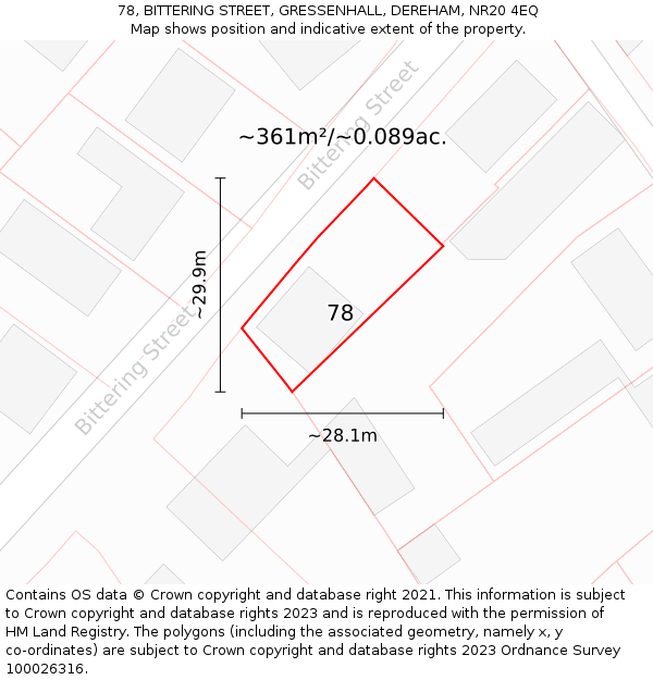 78, BITTERING STREET, GRESSENHALL, DEREHAM, NR20 4EQ: Plot and title map