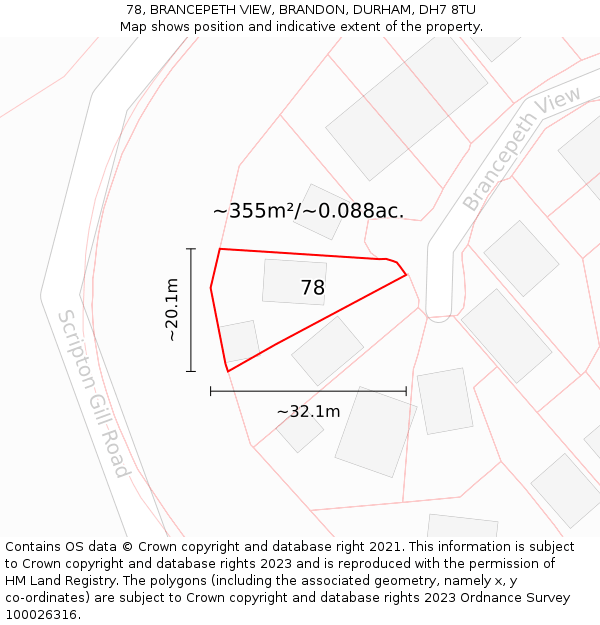 78, BRANCEPETH VIEW, BRANDON, DURHAM, DH7 8TU: Plot and title map