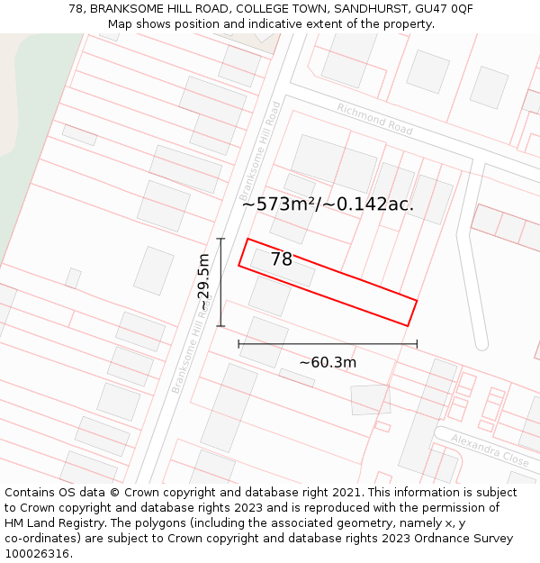 78, BRANKSOME HILL ROAD, COLLEGE TOWN, SANDHURST, GU47 0QF: Plot and title map