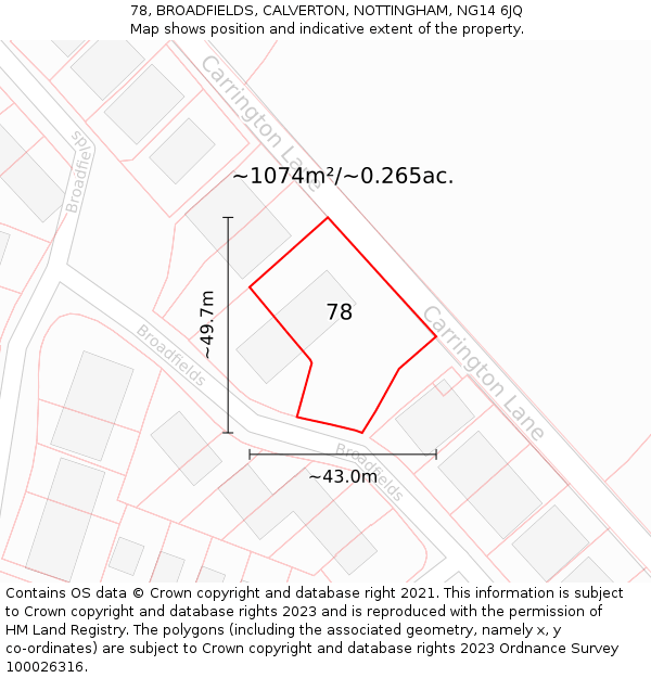 78, BROADFIELDS, CALVERTON, NOTTINGHAM, NG14 6JQ: Plot and title map