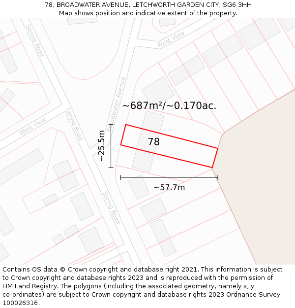 78, BROADWATER AVENUE, LETCHWORTH GARDEN CITY, SG6 3HH: Plot and title map