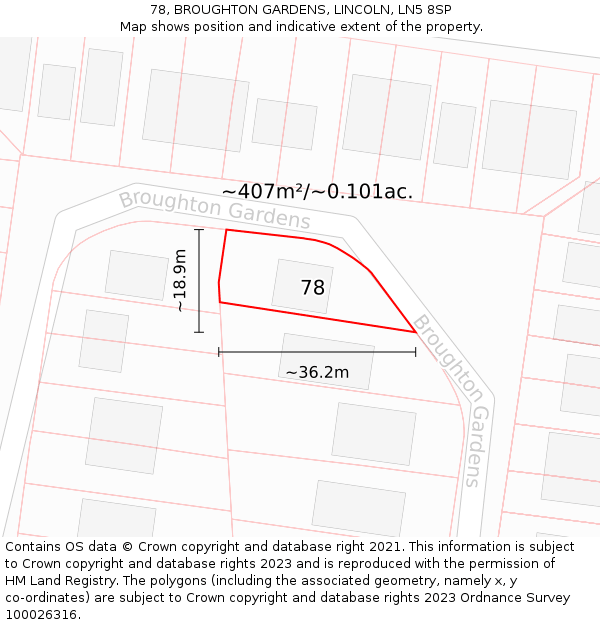 78, BROUGHTON GARDENS, LINCOLN, LN5 8SP: Plot and title map