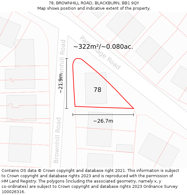 78, BROWNHILL ROAD, BLACKBURN, BB1 9QY: Plot and title map