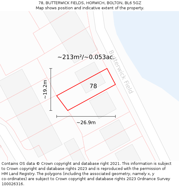 78, BUTTERWICK FIELDS, HORWICH, BOLTON, BL6 5GZ: Plot and title map