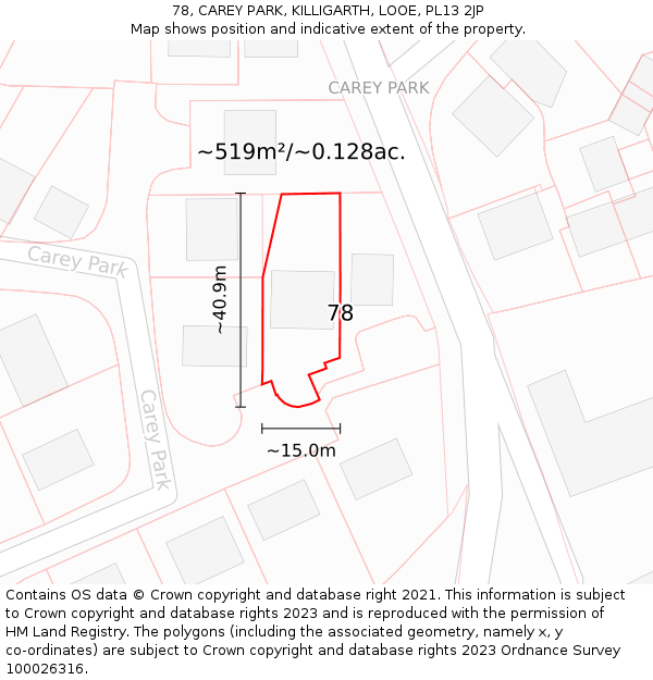 78, CAREY PARK, KILLIGARTH, LOOE, PL13 2JP: Plot and title map