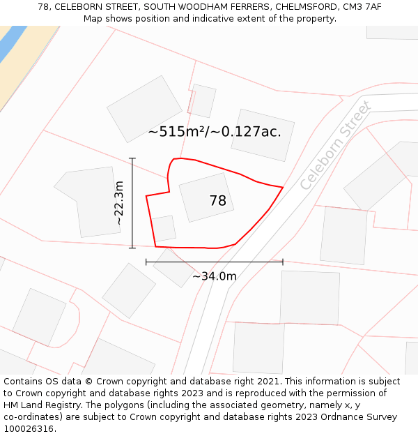 78, CELEBORN STREET, SOUTH WOODHAM FERRERS, CHELMSFORD, CM3 7AF: Plot and title map