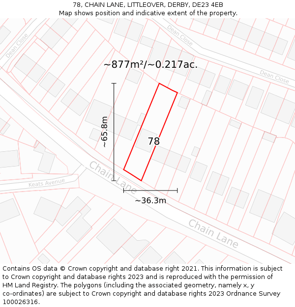 78, CHAIN LANE, LITTLEOVER, DERBY, DE23 4EB: Plot and title map