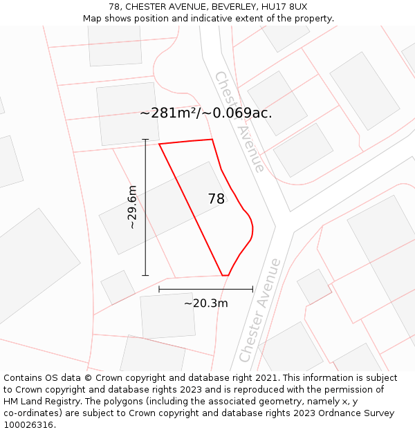 78, CHESTER AVENUE, BEVERLEY, HU17 8UX: Plot and title map