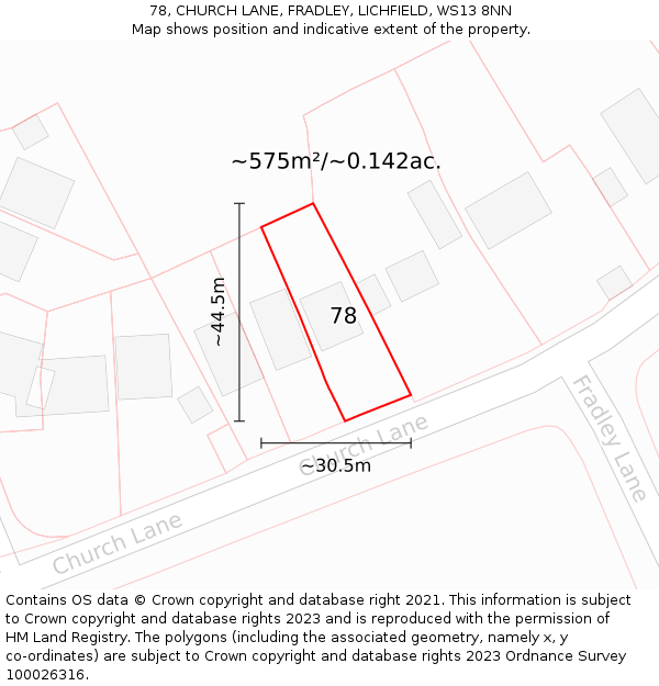 78, CHURCH LANE, FRADLEY, LICHFIELD, WS13 8NN: Plot and title map