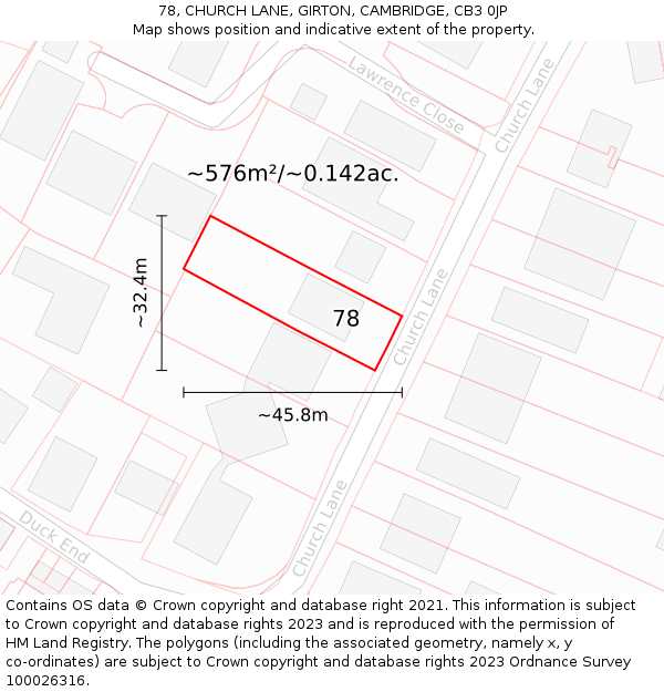 78, CHURCH LANE, GIRTON, CAMBRIDGE, CB3 0JP: Plot and title map