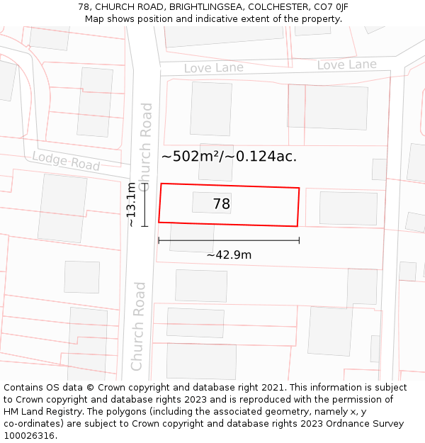 78, CHURCH ROAD, BRIGHTLINGSEA, COLCHESTER, CO7 0JF: Plot and title map