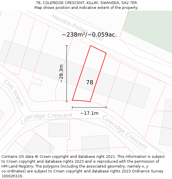 78, COLERIDGE CRESCENT, KILLAY, SWANSEA, SA2 7ER: Plot and title map