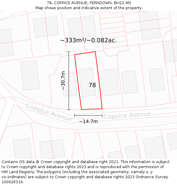 78, COPPICE AVENUE, FERNDOWN, BH22 9PJ: Plot and title map
