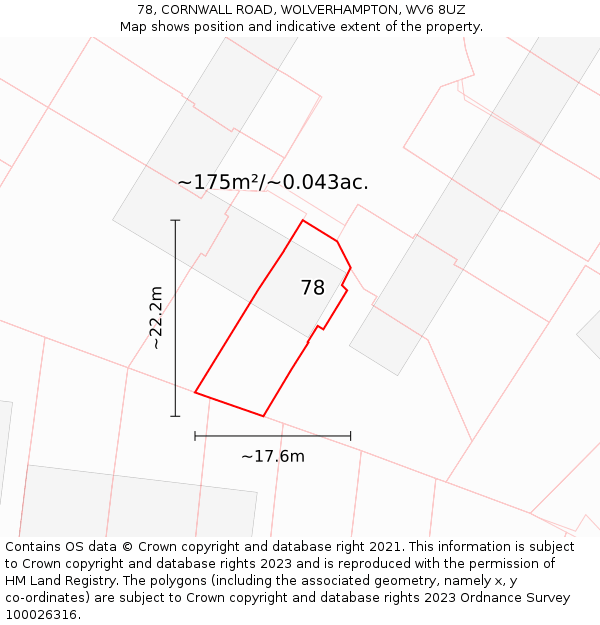 78, CORNWALL ROAD, WOLVERHAMPTON, WV6 8UZ: Plot and title map