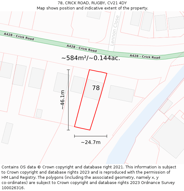 78, CRICK ROAD, RUGBY, CV21 4DY: Plot and title map