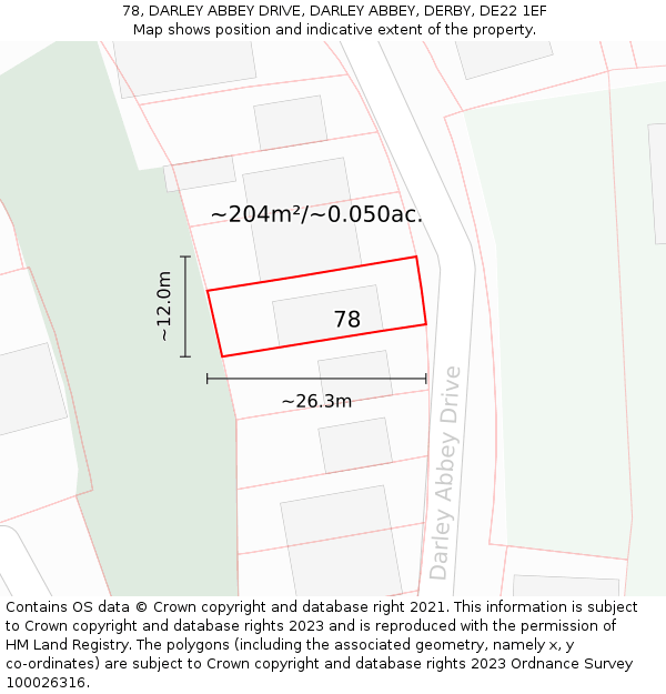 78, DARLEY ABBEY DRIVE, DARLEY ABBEY, DERBY, DE22 1EF: Plot and title map